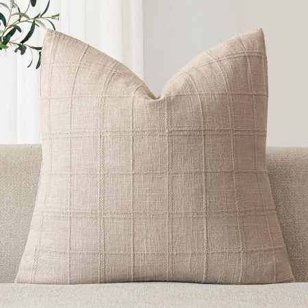 Boho-style solid-color checkered cotton-linen cushion – Natural tones